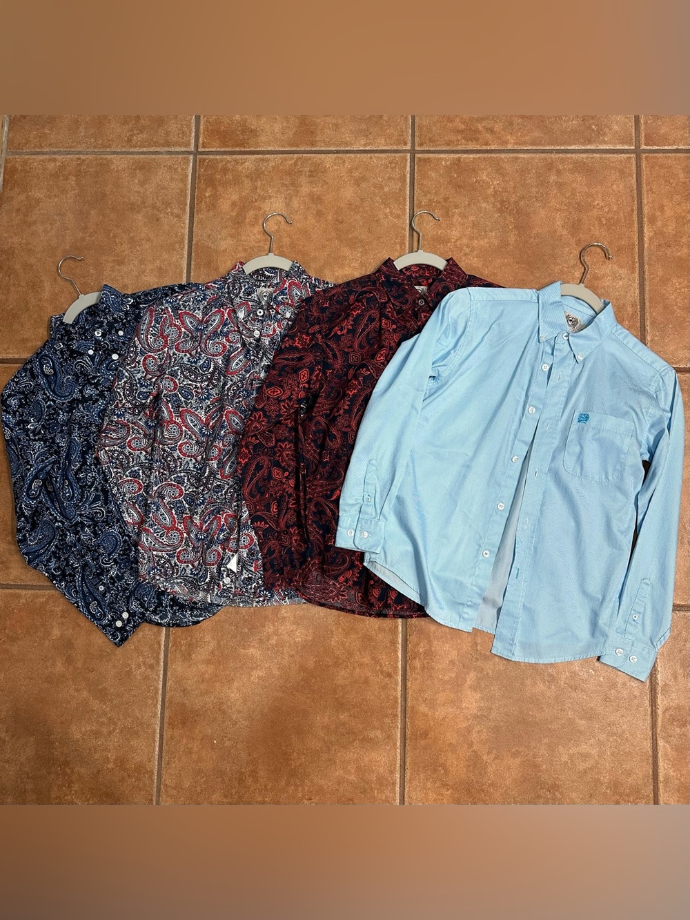 Kids Cinch Button Ups Size M10 Dark Blue, Red White and Blue, Red, Light Blue